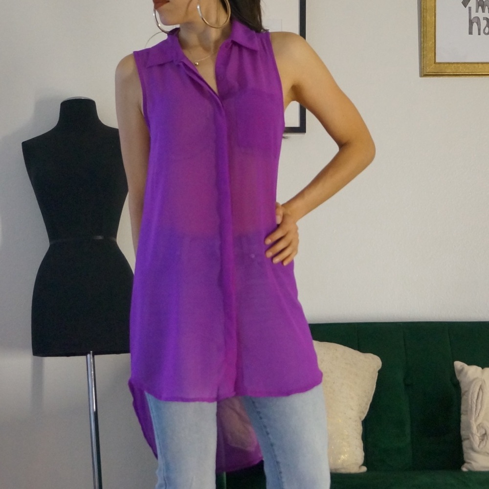 Lush Purple See Button Down Sheer Sleeveless Tunic/ Bathing Suit Cover Up Size S